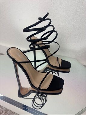 Public Desire Black Spiral Wrap Strappy High Heel Sandals